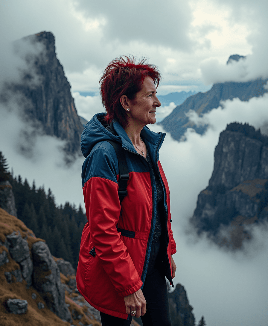 I_body_neutral, I_face_neutral, A masterpiece color photo showcases a 40-year-old woman with short, messy red hair, standing on a cliff in a fantastical black and white world, where clouds swirl dramatically and mountains rise in eerie formations. She wears a strikingly colored jacket that radiates warmth and individuality amidst the cold, monochromatic landscape. Her expression is one of determination, suggesting a journey through this magical realm.
   - Style: Epic, Adventure Fantasy
   - Colors: Bold reds and deep blues against stark whites and blacks
   - Lighting: High contrast, with dramatic highlights and shadows enhancing the cliff's edge
   - Composition: Wide shot, capturing her in the expansive fantasy landscape

