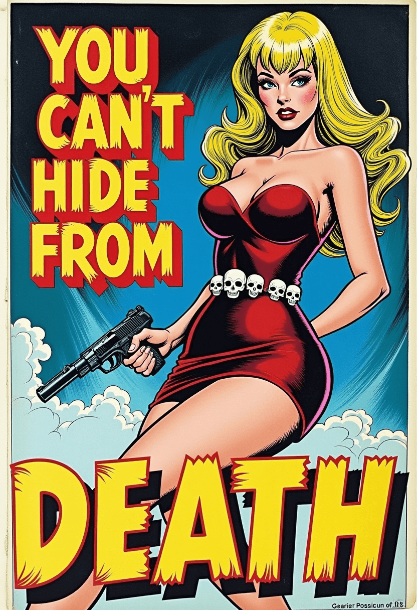 This image is a vintage comic book panel, characterized by its bold, dramatic art style and the use of primary colors. The medium appears to be paper, given the texture and the way the colors bleed slightly into each other, which is common in the printing process of comic books.The colors are bright and eyecatching, with a predominance of red, black, and white. The reds are deep and saturated, with a maroon tone that gives the characters costume depth. The black is used for the characters hair, the outlines of the panels, and the background, which creates a stark contrast that emphasizes the character. The white is used for the highlights in the characters hair, the text, and the skull motifs on the belt, which also adds to the visual impact.The objects in the image are primarily the character and the text. The character is a woman with long blonde hair, styled in a 1960s fashion, with bangs swept to one side. She is wearing a formfitting, thighlength dress with a thighhigh slit, which is suggestive of the pinup style popular in comic books of that era. The dress is maroon with a black bodice and a white belt with skull motifs. She is holding a gun in her right hand, which is drawn with a sense of motion, as if she is pointing it at the viewer.The text in the image reads YOU CAN'T HIDE FROM DEATH, which is presented in a bold, sansserif font in a bright orange color. The text is set against a blue background with a swirling cloud pattern, which adds a sense of movement and chaos. The font is large and eyecatching, with a shadow effect that gives it a threedimensional appearance, further emphasizing the dramatic tone of the panel.