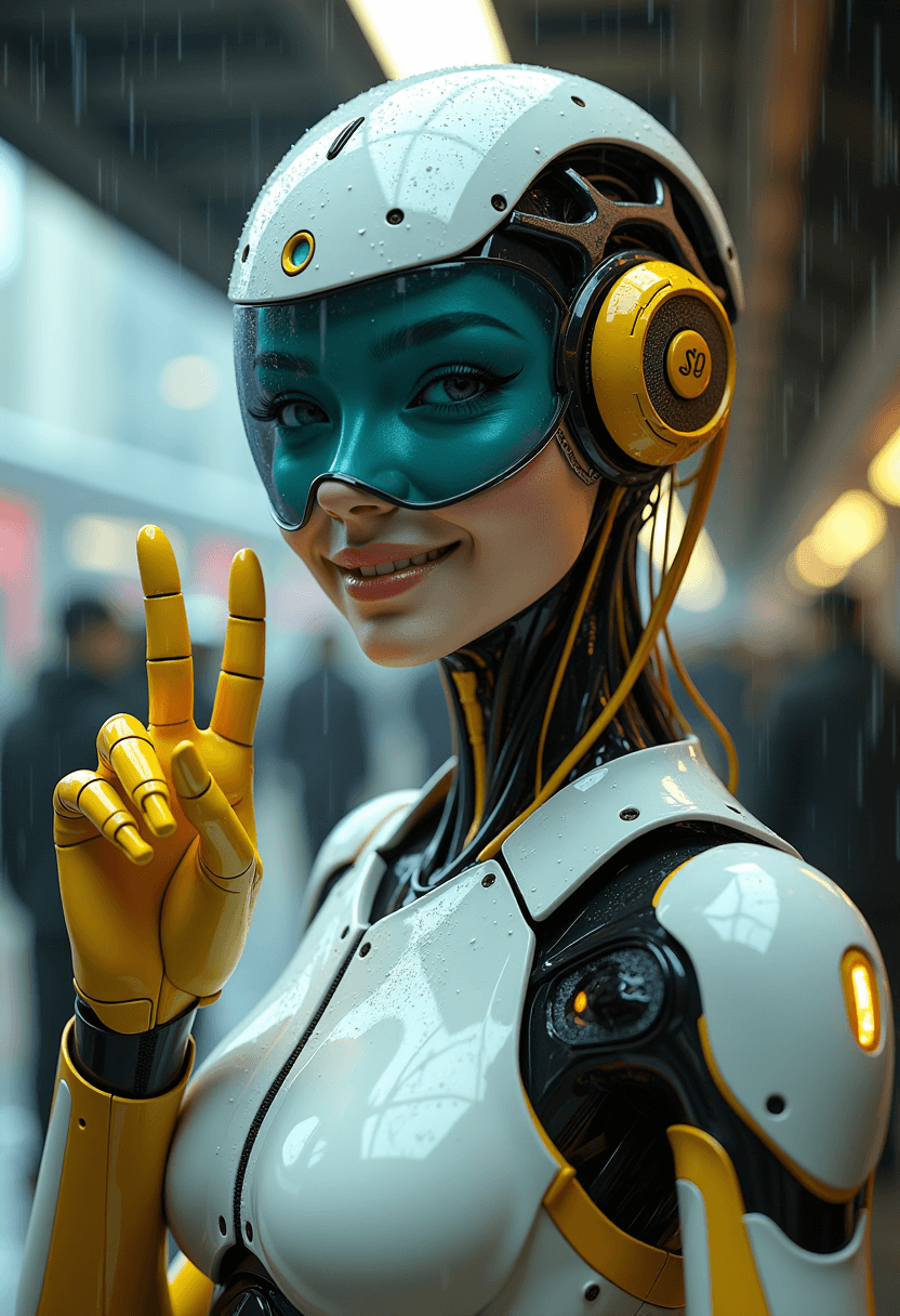 A hyper-realistic image of a female AI robot standing at a train station, facing the viewer, smiling, with water droplets visible on the surface. She has cybernetic enhancements, wearing a futuristic helmet with a transparent cerulean blue visor, intricate mechanical details around the head and neck, visible yellow wiring or circuitry, and glossy yellow gloves, making the peace symbol. The background is filled with blurred figures suggesting a busy urban environment, possibly a street scene, setting is a dark and overcast day. Rendered in the CryEngine style, reminiscent of Pegi Nicol MacLeod's realistic genre scenes, with a narrative that is hauntingly beautiful, executed with ultra-realism akin to Thomas Saliot, and presented in a close-up view.