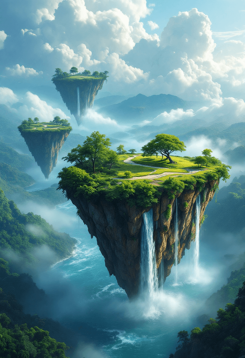 Fantastic photography, cgi, vrai, render, 300dpi, digital noise free, tremendously realistic and detailed, great angle, best angle of view, with intricate details of three floating islands. Waterfalls of tumultuous waters that overflow, like waterfalls, from the edge of floating islands. Storm Clouds . In the background, a lush jungle drowned by a raging river. Natural light. National Geographic style