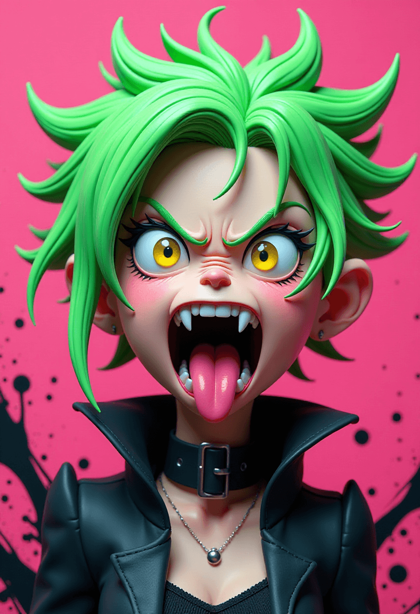 Angry Cartoon Character with Green Hair and Tongue