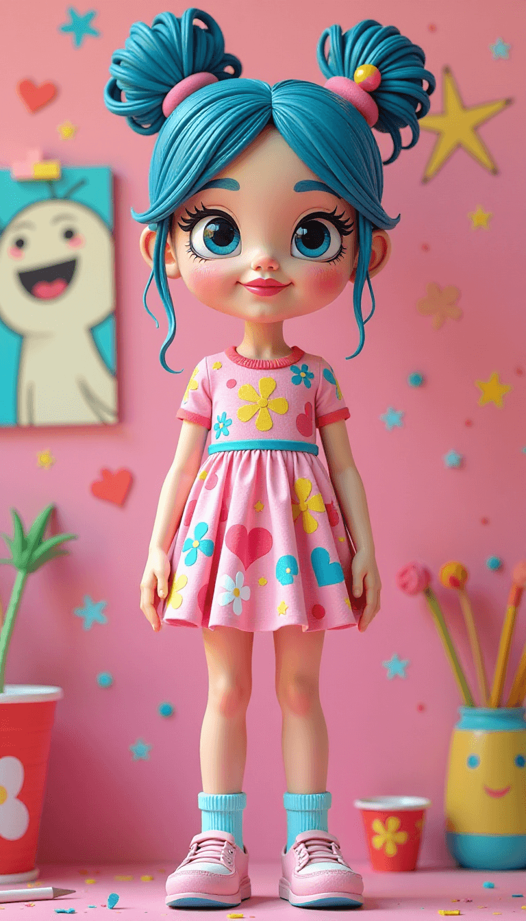 3D Animated Doll with Blue Hair and Pink Dress, Standing in a Colorful Room with Stars and Flowers