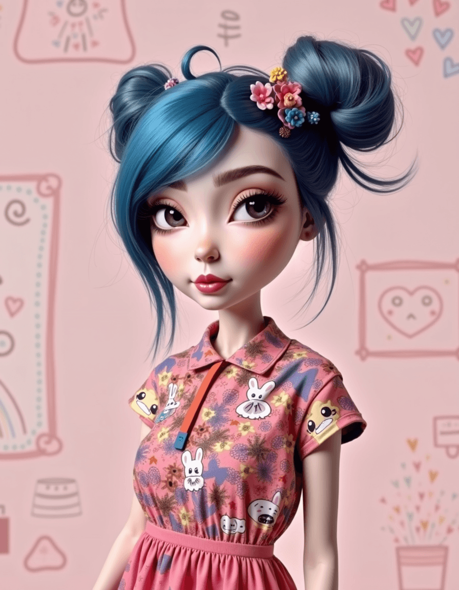 This image features a 3d cartoon girl with a strikingly detailed and stylized appearance, set against a vibrant and colorful backdrop that suggests a playful and creative art style. The subject is wearing a short, layered dress with a loose fit and a playful, youthful design, predominantly in shades of pink with splashes of blue, yellow, and white. The dress is adorned with various patterns, including floral motifs, cartoonlike figures, and abstract shapes, which contribute to the whimsical nature of the outfit.The subjects hair is a standout feature, with a gradient of colors ranging from a deep blue at the roots to a lighter pink at the tips, styled in a messy bun with strands playfully sticking out. The hair is accessorized with colorful hair ties and what appears to be a small, decorative hair clip, adding to the overall playful aesthetic.The subjects makeup is bold and dramatic, with a focus on the eyes, which are accentuated with dark, winged eyeliner and a variety of colored eyeshadows that complement the overall color scheme of the outfit. The lips are coated in a bright, glossy pink lipstick, which stands out against the pale skin tone.The subjects pose is relaxed and casual, with one hand resting on the hip and the other hanging loosely by the side, conveying a sense of confidence and ease. The subject is also wearing a pair of light blue socks with a pink stripe at the top, which match the color of the hair ties and the lipstick, tying the outfit together in a cohesive manner.The background of the image is a wall painted in a pastel pink hue, with a variety of playful and whimsical drawings and doodles, including a large, cartoonlike figure with a surprised expression, hearts, flowers, and other abstract shapes. The wall also has a few items placed on it, such as a red cup with a white label, which adds to the casual and livedin feel of the setting.