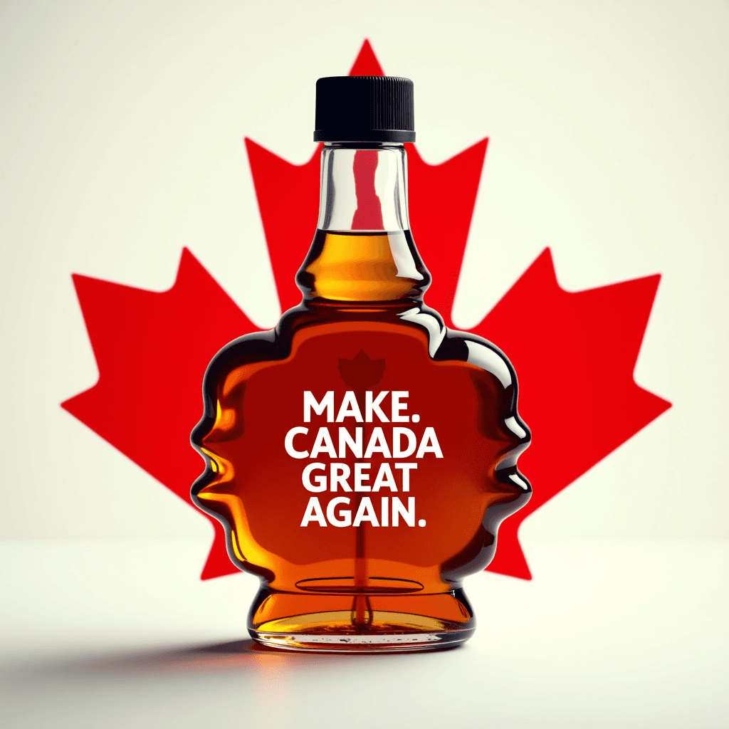 This image features a maple syrup bottle with a unique design that mimics the shape of a maple leaf. The bottle is filled with ambercolored maple syrup and has a black cap on top. The syrup bottle is prominently displayed in the foreground, with a shadow cast beneath it, indicating a light source coming from above.Behind the syrup bottle, there is a large, stylized red maple leaf, which is the national emblem of Canada. The leaf is outlined in white, and the red color is a bright, vivid shade that stands out against the neutral background. The maple leaf is positioned in the background, slightly behind the syrup bottle, and it is angled to the right, creating a sense of depth in the composition.The background of the image is a simple, neutral color that doesnt distract from the main subjects. Its a light, almost white color that fades into a soft gray at the edges, giving the image a clean and professional look.The overall art style of the image is simple and modern, with a focus on bold colors and clear lines. The medium appears to be a digital photograph, given the sharpness and clarity of the image. The text on the syrup bottle reads MAKE CANADA GREAT AGAIN, which is a play on a wellknown political slogan. The message seems to be a humorous take on national pride and the promotion of Canadian products, as maple syrup is a wellknown Canadian export.