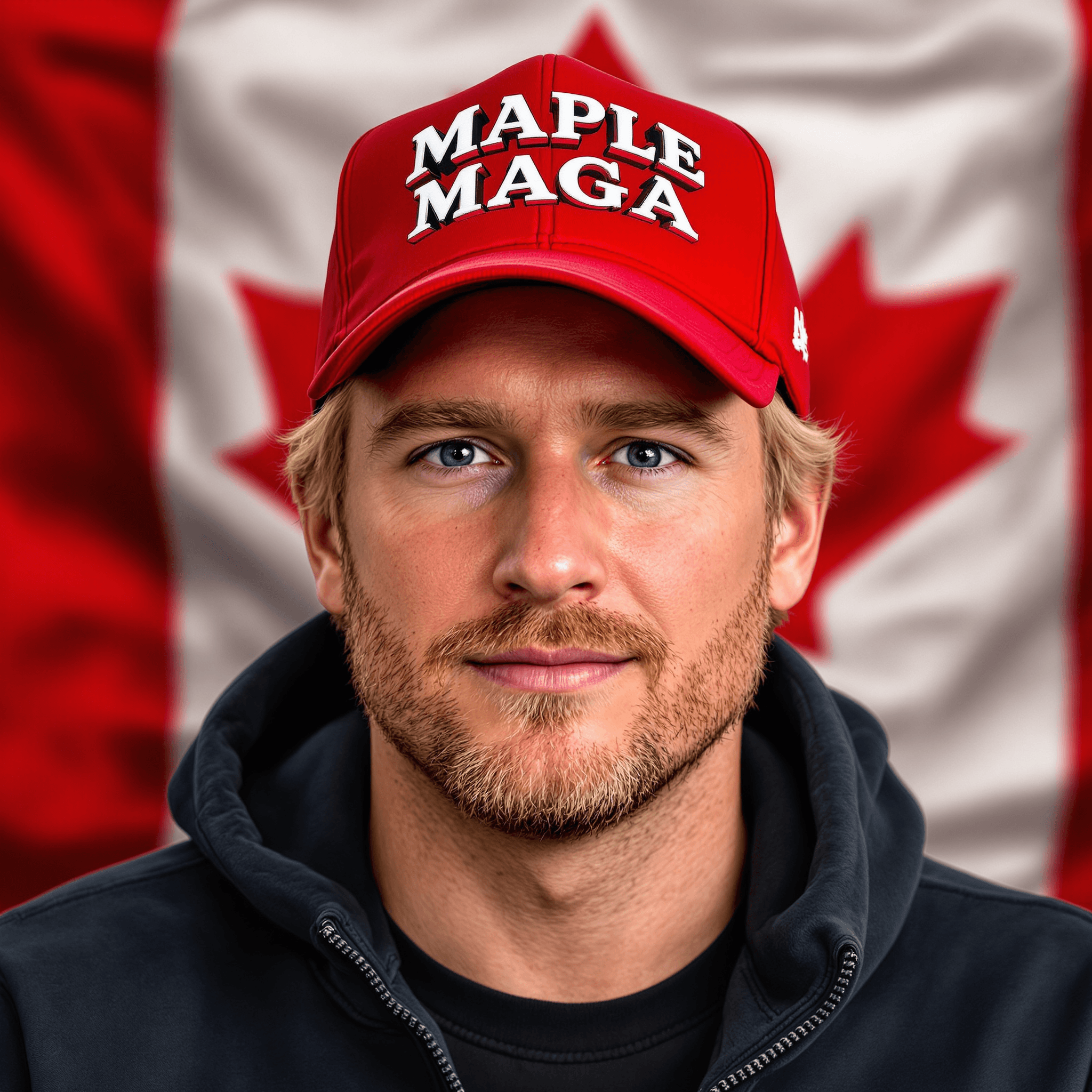 a guy blonde hair a bit of shaven stubble wearing a red baseball cap with the words "MAPLE MAGA" strong black raised 3d text a Canadian flag in background and white logo