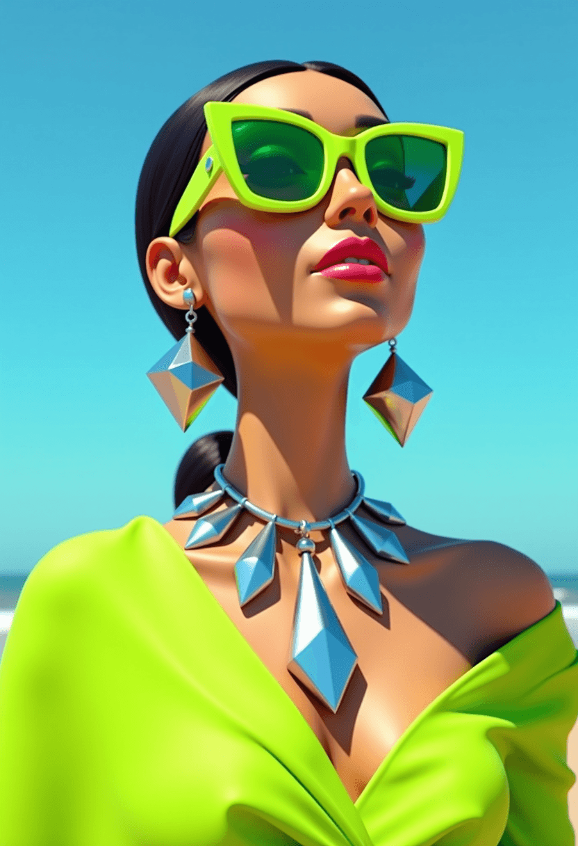 This image is a closeup portrait of a 3d cartoon person against a clear blue sky. The subject is wearing a striking lime green garment with a loose, flowing silhouette that drapes over the shoulders and chest, giving a sense of movement and lightness. The fabric appears to be of a lightweight, possibly sheer material, which allows the sunlight to filter through, casting a dappled pattern on the garment.The person is wearing a bold, geometric necklace with large, angular pendants that reflect the light, giving them a shimmering appearance. The necklaces design is modern and minimalist, with a metallic finish that complements the green of the garment.The subject is also wearing a pair of statement earrings that match the necklace in style and color scheme. The earrings are similarly angular and geometric, with a mirrored finish that reflects the sky and the subjects own image, creating a sense of depth and intrigue.The person is wearing a pair of sunglasses with a unique, angular frame that matches the overall modern and futuristic vibe of the accessories. The lenses of the sunglasses are tinted with a gradient of colors, from a bright yellow at the top to a deep green at the bottom, which adds to the overall eyecatching aesthetic of the image.The background is a clear blue sky, which contrasts sharply with the bright green of the subjects clothing and the silver of the jewelry. The sky is devoid of clouds, which gives the image a sense of openness and vastness. The horizon line is faintly visible, suggesting that the photo was taken from a beach or a high vantage point.