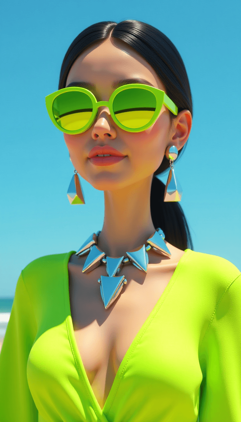 This image is a closeup portrait of a 3d cartoon person against a clear blue sky. The subject is wearing a striking lime green garment with a loose, flowing silhouette that drapes over the shoulders and chest, giving a sense of movement and lightness. The fabric appears to be of a lightweight, possibly sheer material, which allows the sunlight to filter through, casting a dappled pattern on the garment.The person is wearing a bold, geometric necklace with large, angular pendants that reflect the light, giving them a shimmering appearance. The necklaces design is modern and minimalist, with a metallic finish that complements the green of the garment.The subject is also wearing a pair of statement earrings that match the necklace in style and color scheme. The earrings are similarly angular and geometric, with a mirrored finish that reflects the sky and the subjects own image, creating a sense of depth and intrigue.The person is wearing a pair of sunglasses with a unique, angular frame that matches the overall modern and futuristic vibe of the accessories. The lenses of the sunglasses are tinted with a gradient of colors, from a bright yellow at the top to a deep green at the bottom, which adds to the overall eyecatching aesthetic of the image.The background is a clear blue sky, which contrasts sharply with the bright green of the subjects clothing and the silver of the jewelry. The sky is devoid of clouds, which gives the image a sense of openness and vastness. The horizon line is faintly visible, suggesting that the photo was taken from a beach or a high vantage point.