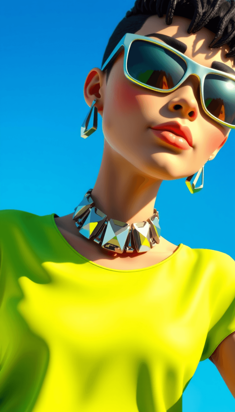 This image is a closeup portrait of a 3d cartoon person against a clear blue sky. The subject is wearing a striking lime green garment with a loose, flowing silhouette that drapes over the shoulders and chest, giving a sense of movement and lightness. The fabric appears to be of a lightweight, possibly sheer material, which allows the sunlight to filter through, casting a dappled pattern on the garment.The person is wearing a bold, geometric necklace with large, angular pendants that reflect the light, giving them a shimmering appearance. The necklaces design is modern and minimalist, with a metallic finish that complements the green of the garment.The subject is also wearing a pair of statement earrings that match the necklace in style and color scheme. The earrings are similarly angular and geometric, with a mirrored finish that reflects the sky and the subjects own image, creating a sense of depth and intrigue.The person is wearing a pair of sunglasses with a unique, angular frame that matches the overall modern and futuristic vibe of the accessories. The lenses of the sunglasses are tinted with a gradient of colors, from a bright yellow at the top to a deep green at the bottom, which adds to the overall eyecatching aesthetic of the image.The background is a clear blue sky, which contrasts sharply with the bright green of the subjects clothing and the silver of the jewelry. The sky is devoid of clouds, which gives the image a sense of openness and vastness. The horizon line is faintly visible, suggesting that the photo was taken from a beach or a high vantage point.