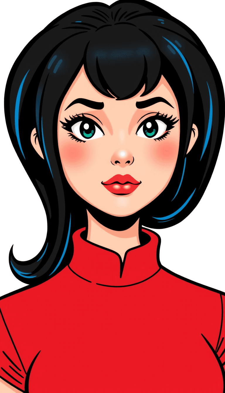 This image is a stylized representation of a persons head and upper shoulders, reminiscent of the pop art style. The medium appears to be digital, as evidenced by the crisp lines and the smooth blending of colors.The subject is wearing a red top with a high neckline and a collar. The red is a bright, bold color that stands out against the black hair and the white background. The top has a simple design, with no visible patterns or embellishments.The hair is styled in a classic 1950s pinup fashion, with a prominent side parting and a full, rounded shape. The hair color is a deep black with a glossy finish, and there are blue streaks running through it, giving it a modern twist. The blue streaks are a bright, neon color that contrasts sharply with the black hair.The eyebrows are thick and arched, with a slight frown, giving the subject a pensive or concerned expression. 