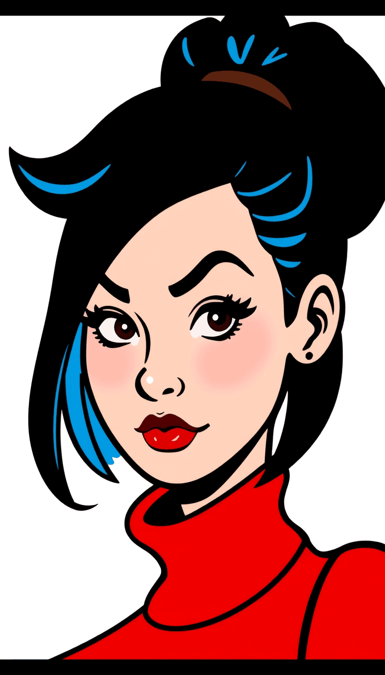 This image is a stylized representation of a persons head and upper shoulders, reminiscent of the pop art style. The medium appears to be digital, as evidenced by the crisp lines and the smooth blending of colors.The subject is wearing a red top with a high neckline and a collar. The red is a bright, bold color that stands out against the black hair and the white background. The top has a simple design, with no visible patterns or embellishments.The hair is styled in a classic 1950s pinup fashion, with a prominent side parting and a full, rounded shape. The hair color is a deep black with a glossy finish, and there are blue streaks running through it, giving it a modern twist. The blue streaks are a bright, neon color that contrasts sharply with the black hair.The eyebrows are thick and arched, with a slight frown, giving the subject a pensive or concerned expression. 