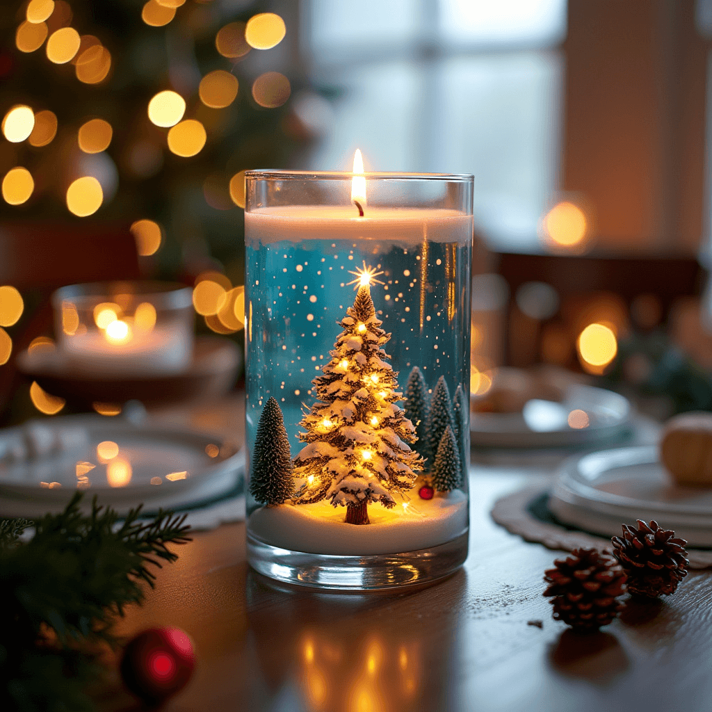 A gel candle in a glass shows a Christmas scene with a Christmas village and a Christmas tree. The candle is on a Christmas table.
