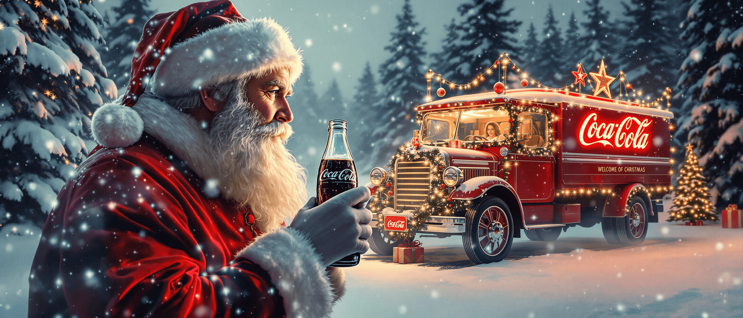 a vintage scene of a triple exposure of a realistic Santa Claus drinking coca cola from a bottle and a Christmas style decorated lighted coca cola truck and a long blonde haired Santa Claus woman, ice crystals, snow covered pine trees, Christmas accents everywhere, winter background, watercolor

