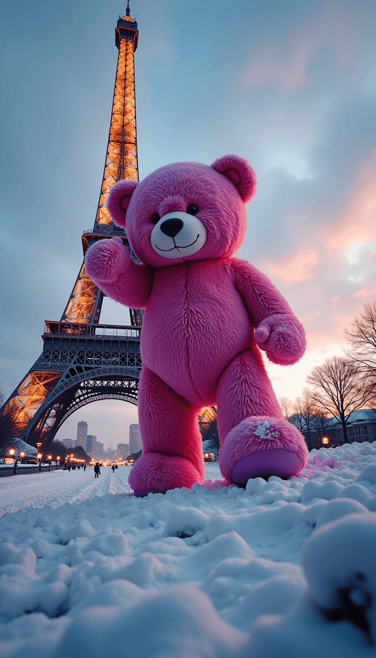 angry giant pink teddy bear climbing to the top of the eiffel tower, snow, christmas