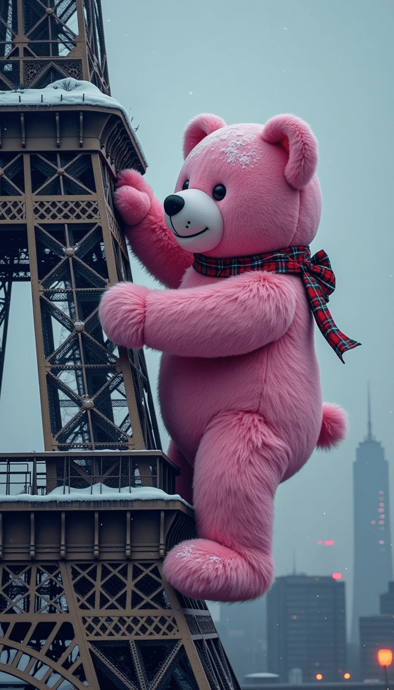 angry giant pink teddy bear climbing to the top of the eiffel tower, snow, christmas