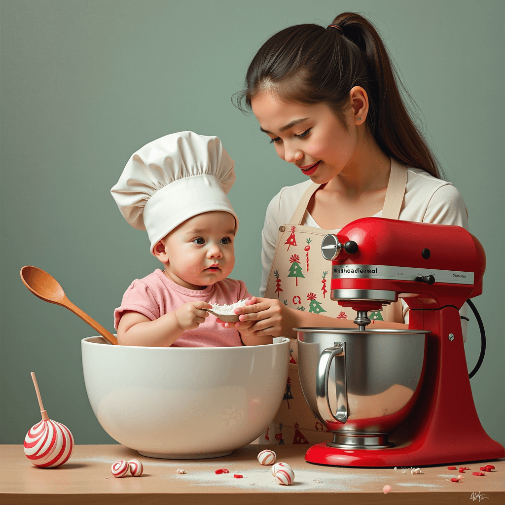 A baby wearing a chef's hat sits inside a large mixing bowl. Her face with some flour and holding a wooden spoon. Next to baby is her mum wearing apron with candy sticks, lolly pops and christmas trees design using a standmixer with another mixing bowl in 3D realistic oil painting.