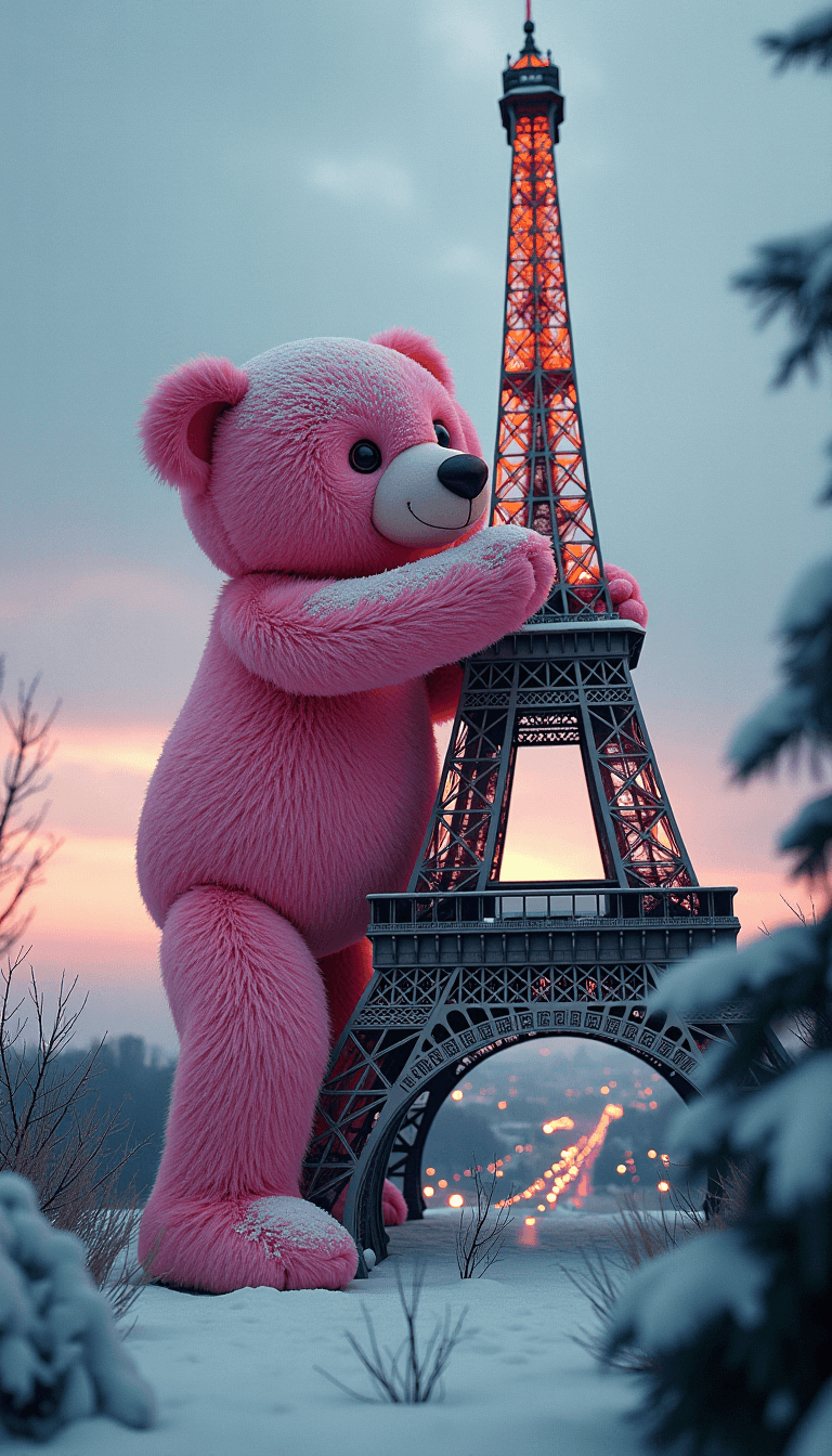 angry giant pink teddy bear climbing to the top of the eiffel tower, snow, christmas, diorama