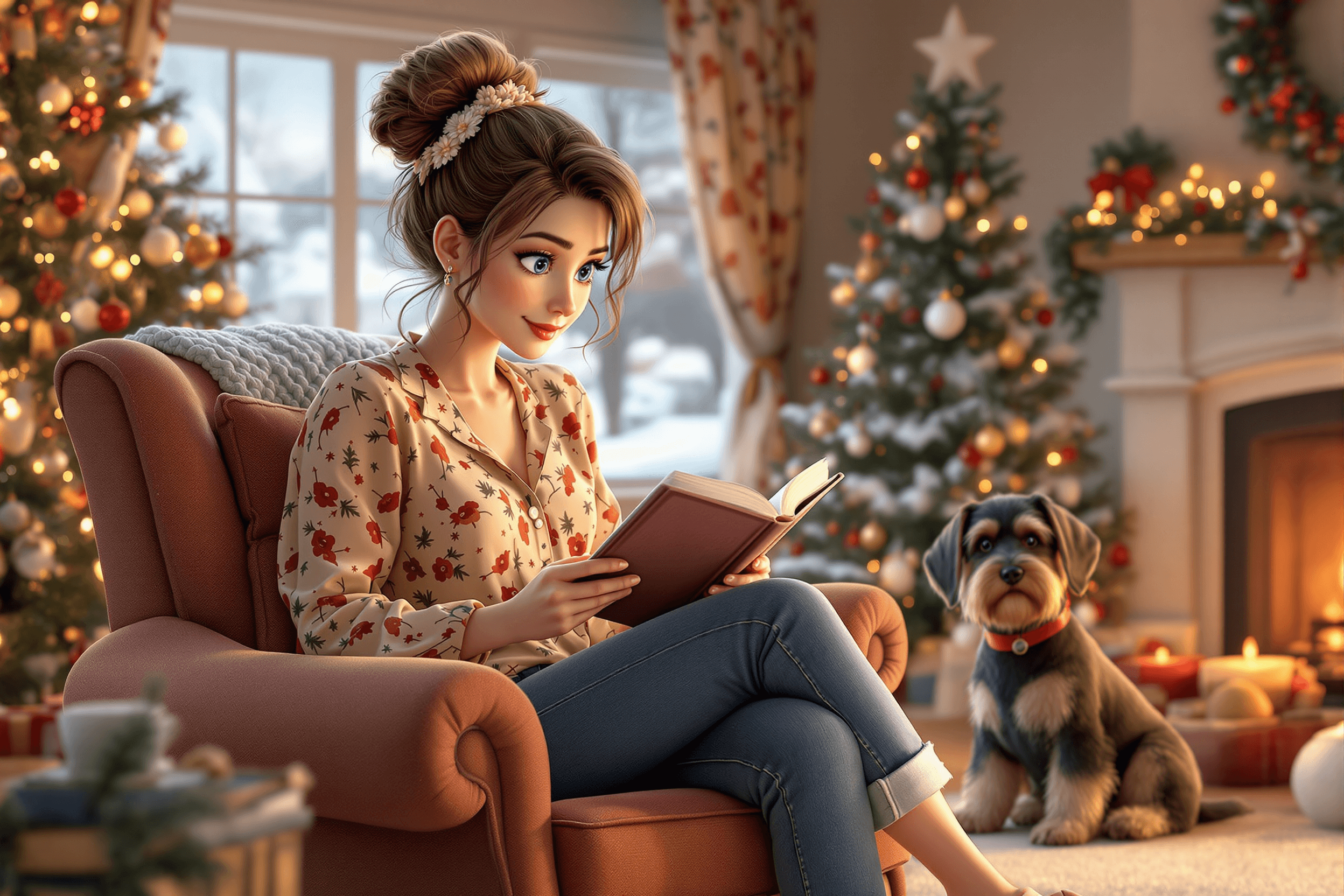 Create a 3d mid age woman with brown wispy short hair in a bun, flower bow, blue eyes, wearing Boho style blouse, cropped jeans, slippers, sitting on a over sized chair, reading a book sipping on coffee, her schnauzer sitting beside her, background is a country living room, Christmas tree in the corner, fire place, window curtains tied back, wintery scenes in distance, Whimsical Watercolor, Ultra Detailed, Highly-Realistic, inspired by Anton Semenov. Disney pixar