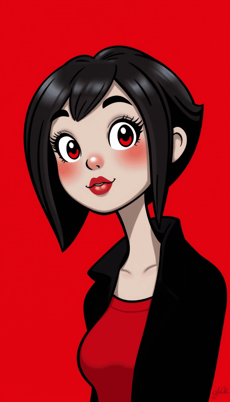 3d cartoon girl against a vivid red background. The art style is reminiscent of pop art with a touch of modern digital illustration techniques, characterized by its bold lines, flat colors, and exaggerated features.The medium appears to be digital painting, as evidenced by the smooth blending of colors and the lack of texture that might be present in traditional mediums like oil or acrylic paints. The use of digital tools allows for a high level of control over the lines and shading, resulting in a clean and crisp finish.The colors in the image are quite striking and limited, primarily consisting of red, black, white, and shades of gray. The red background sets a dramatic tone, while the black and white of the figures hair and clothing provide a stark contrast that draws the eye. The grayscale of the figures skin and the subtle blush on her cheeks add depth and dimension to the otherwise flat color scheme.The objects in the image are quite minimalistic. The figures hair is styled in a short, edgy cut with a slight wave, giving it a sense of movement. The hair is black with a few highlights that catch the light, adding to the threedimensional effect. The figure is wearing a black and white checkered garment that resembles a corset, with a high neckline and a button detail at the collar. The garments design is modern and chic, with a geometric pattern that complements the overall aesthetic of the illustration.The figures expression is one of confidence and defiance, with her eyebrows slightly furrowed and her lips pursed in a determined manner. Her eyes are detailed with thick, winged eyeliner and long lashes, which, along with her overall appearance, gives her a somewhat mysterious and enigmatic quality.Overall, the image exudes a sense of boldness and modernity, with a strong emphasis on the figures confident and powerful presence.