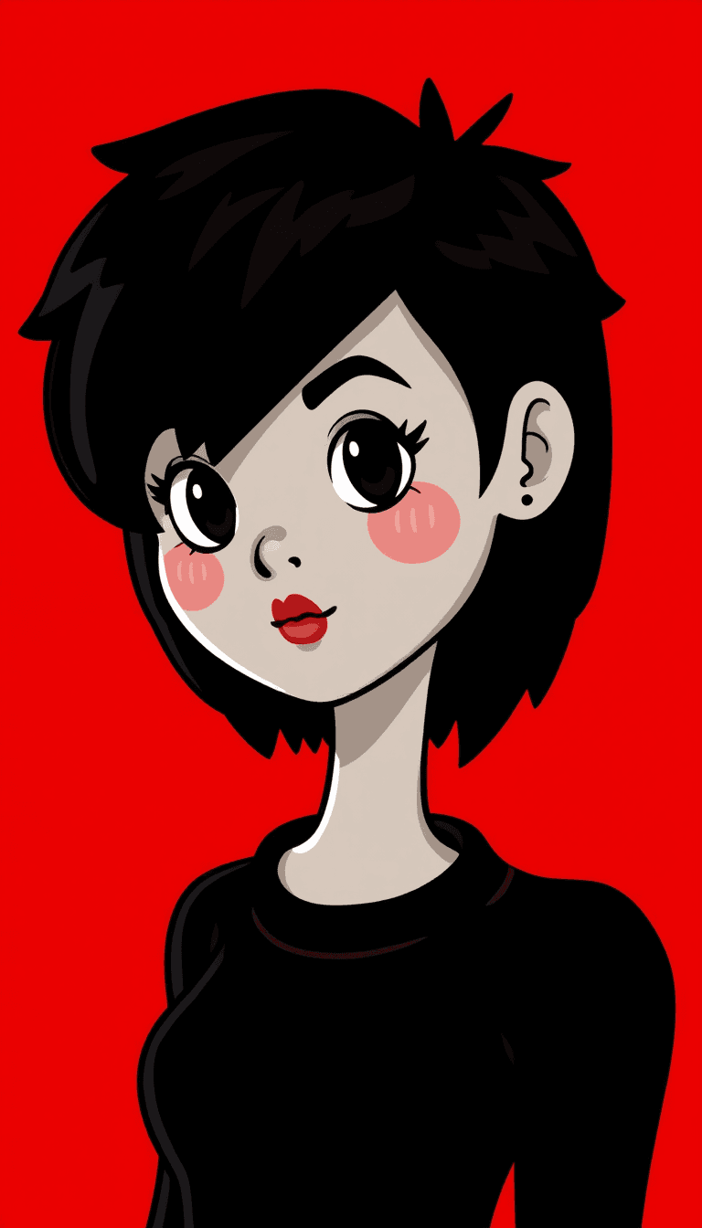 3d cartoon girl against a vivid red background. The art style is reminiscent of pop art with a touch of modern digital illustration techniques, characterized by its bold lines, flat colors, and exaggerated features.The medium appears to be digital painting, as evidenced by the smooth blending of colors and the lack of texture that might be present in traditional mediums like oil or acrylic paints. The use of digital tools allows for a high level of control over the lines and shading, resulting in a clean and crisp finish.The colors in the image are quite striking and limited, primarily consisting of red, black, white, and shades of gray. The red background sets a dramatic tone, while the black and white of the figures hair and clothing provide a stark contrast that draws the eye. The grayscale of the figures skin and the subtle blush on her cheeks add depth and dimension to the otherwise flat color scheme.The objects in the image are quite minimalistic. The figures hair is styled in a short, edgy cut with a slight wave, giving it a sense of movement. The hair is black with a few highlights that catch the light, adding to the threedimensional effect. The figure is wearing a black and white checkered garment that resembles a corset, with a high neckline and a button detail at the collar. The garments design is modern and chic, with a geometric pattern that complements the overall aesthetic of the illustration.The figures expression is one of confidence and defiance, with her eyebrows slightly furrowed and her lips pursed in a determined manner. Her eyes are detailed with thick, winged eyeliner and long lashes, which, along with her overall appearance, gives her a somewhat mysterious and enigmatic quality.Overall, the image exudes a sense of boldness and modernity, with a strong emphasis on the figures confident and powerful presence.