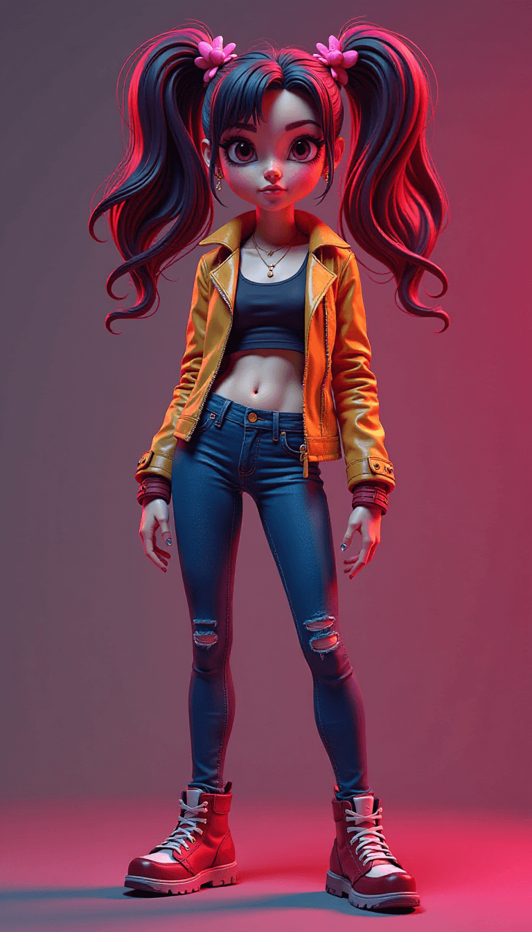 3d cartoon rebellious teenage girl rendered with extremely violent colors