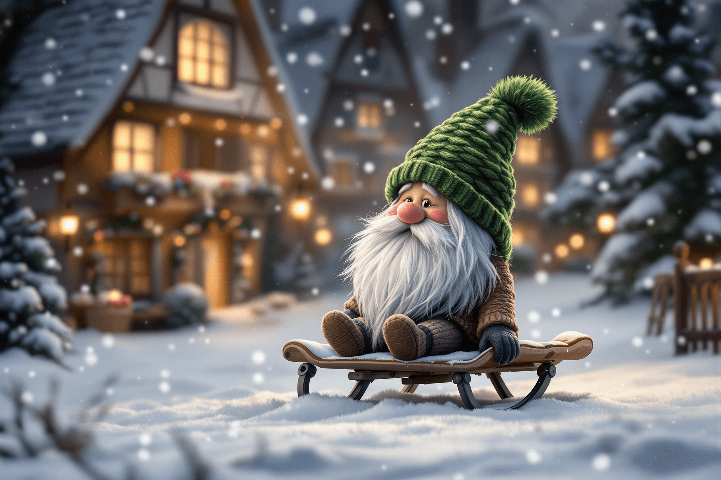 A whimsical scene featuring a realistic gnome on a sled ,snowy winter day. The gnome is wearing a green knit hat with a pom-pom, gracefully . The background includes cozy European-style houses with warm lighting, and soft falling snow creates a magical atmosphere. The style is painterly and detailed, evoking a sense of charm and festive spirit