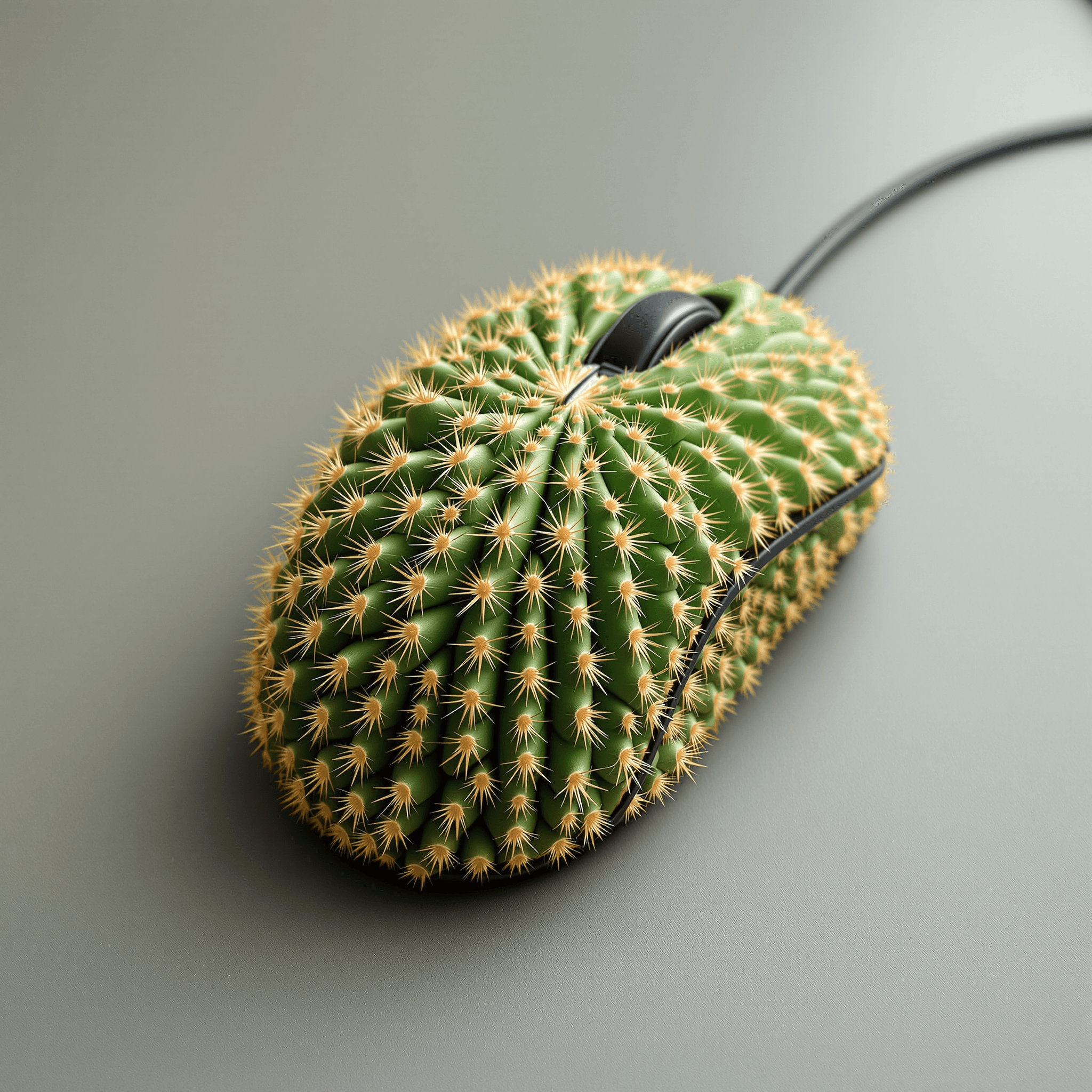 A creative unusual isometric view photo of a computer mouse entirely crafted from cactus, showcasing an intricate design. The cactus mouse has all the essential components of a typical computer mouse, including the left and right buttons, a scroll wheel, and a base. The spines of the cactus are used as the detailing on the cactus mouse, giving it a unique, desert-inspired aesthetic.