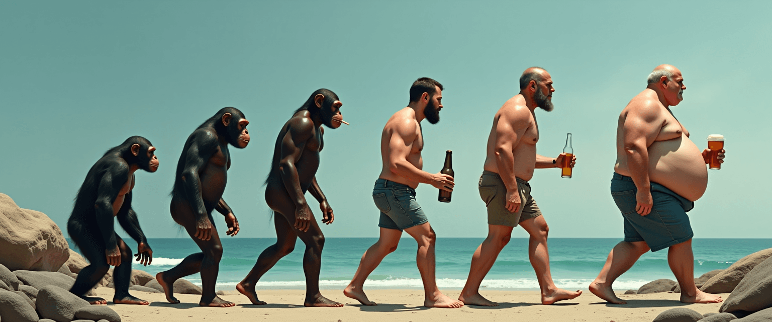 This photo is a satirical take on the evolution of man, presented in a sequence from left to right. The progression begins with a chimpanzee, which is the common ancestor of humans and apes. The sequence then moves through various stages of human evolution, from a more apelike ancestor to a fully bipedal human. The art style is a blend of realism and caricature, with exaggerated features and proportions that add to the comedic effect. The medium appears to be digital painting, given the smooth gradients and blending of colors.The colors in the image are quite muted, with a focus on earthy tones and browns. The background is a gradient of blues, which gives a sense of depth and suggests the ocean, symbolizing the transition from a life aquatic to a life on land. The foreground rocks are a mix of grays and browns, which contrast with the lighter tones of the human figures.The objects in the image are quite sparse, with just the rocks in the foreground and the ocean in the background. The human figures are the main focus, with each one holding a different object that represents a modern-day indulgence or vice. The first figure is holding a bottle, the second figure has a cigarette, the third figure is bare-chested, the fourth figure is a modern man is holding a beer, the fifth figure is also bare-chested, and the final figure a modern man is holding a beer and a burger and is extremely fat. Overall, the image is a commentary on the perceived decline of human evolution, suggesting that instead of progressing towards a more enlightened or physically fit state, humans have instead become more sedentary and indulgent. The text EVOLUTION OF MAN is prominently displayed at the top. hd, hyper-realism, photography