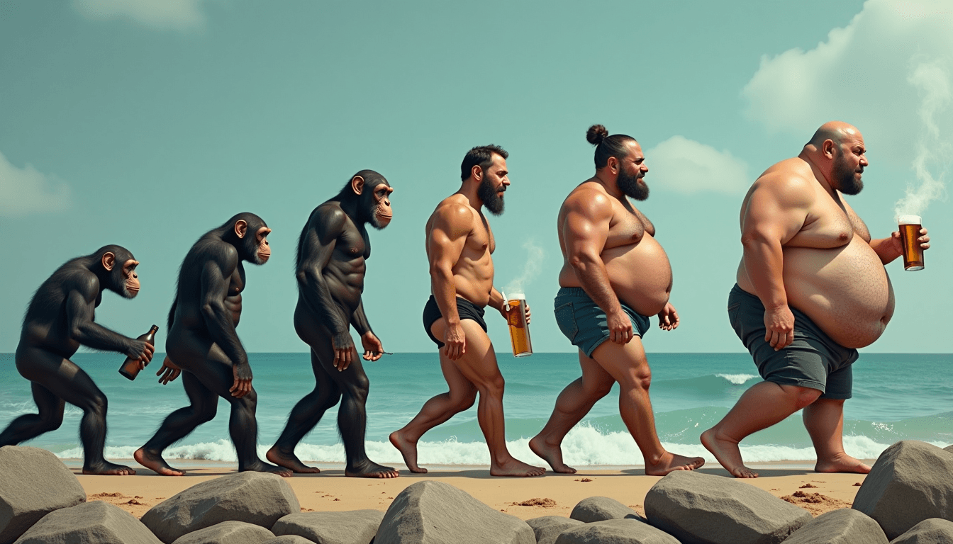 The title words "EVOLUTION OF MAN" is prominently displayed at the top of the image. 
 This photo is a satirical take on the evolution of man, presented in a sequence from left to right. The progression begins with a chimpanzee, which is the common ancestor of humans and apes. The sequence then moves through various stages of human evolution, from a more apelike ancestor to a fully bipedal human. The art style is a blend of realism and caricature, with exaggerated features and proportions that add to the comedic effect. The medium appears to be digital painting, given the smooth gradients and blending of colors.The colors in the image are quite muted, with a focus on earthy tones and browns. The background is a gradient of blues, which gives a sense of depth and suggests the ocean, symbolizing the transition from a life aquatic to a life on land. The foreground rocks are a mix of grays and browns, which contrast with the lighter tones of the human figures.The objects in the image are quite sparse, with just the rocks in the foreground and the ocean in the background. The human figures are the main focus, with each one holding a different object that represents a modern-day indulgence or vice. The first figure is holding a bottle, the second figure has a cigarette, the third figure is bare-chested, the fourth figure is a modern man is holding a beer, the fifth figure is also bare-chested, and the final figure a modern man is holding a beer and a hamburger and is extremely fat. Overall, the image is a commentary on the perceived decline of human evolution, suggesting that instead of progressing towards a more enlightened or physically fit state, humans have instead become more sedentary and indulgent. The title words "EVOLUTION OF MAN" is prominently displayed at the top of the image. hd, hyper-realism, photography