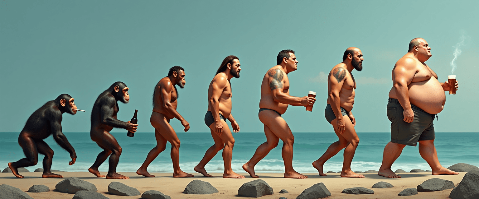  
The title words "EVOLUTION OF MAN" is prominently displayed at the top of the photo. This photo is a satirical take on the evolution of man, presented in a sequence from left to right. The progression begins with a chimpanzee, which is the common ancestor of humans and apes. The sequence then moves through various stages of human evolution, from a more apelike ancestor to a fully bipedal human. The art style is a blend of realism and caricature, with exaggerated features and proportions that add to the comedic effect. The medium appears to be digital painting, given the smooth gradients and blending of colors.The colors in the image are quite muted, with a focus on earthy tones and browns. The background is a gradient of blues, which gives a sense of depth and suggests the ocean, symbolizing the transition from a life aquatic to a life on land. The foreground rocks are a mix of grays and browns, which contrast with the lighter tones of the human figures.The objects in the image are quite sparse, with just the rocks in the foreground and the ocean in the background. The human figures are the main focus, with each one holding a different object that represents a modern-day indulgence or vice. The first figure is holding a bottle, the second figure has a cigarette, the third figure is bare-chested, the fourth figure is a modern man is holding a beer, the fifth figure is also bare-chested, and the final figure a modern man is holding a beer and cheese burger and is extremely fat. Overall, the image is a commentary on the perceived decline of human evolution, suggesting that instead of progressing towards a more enlightened or physically fit state, humans have instead become more sedentary and indulgent.hd, hyper-realism, photography