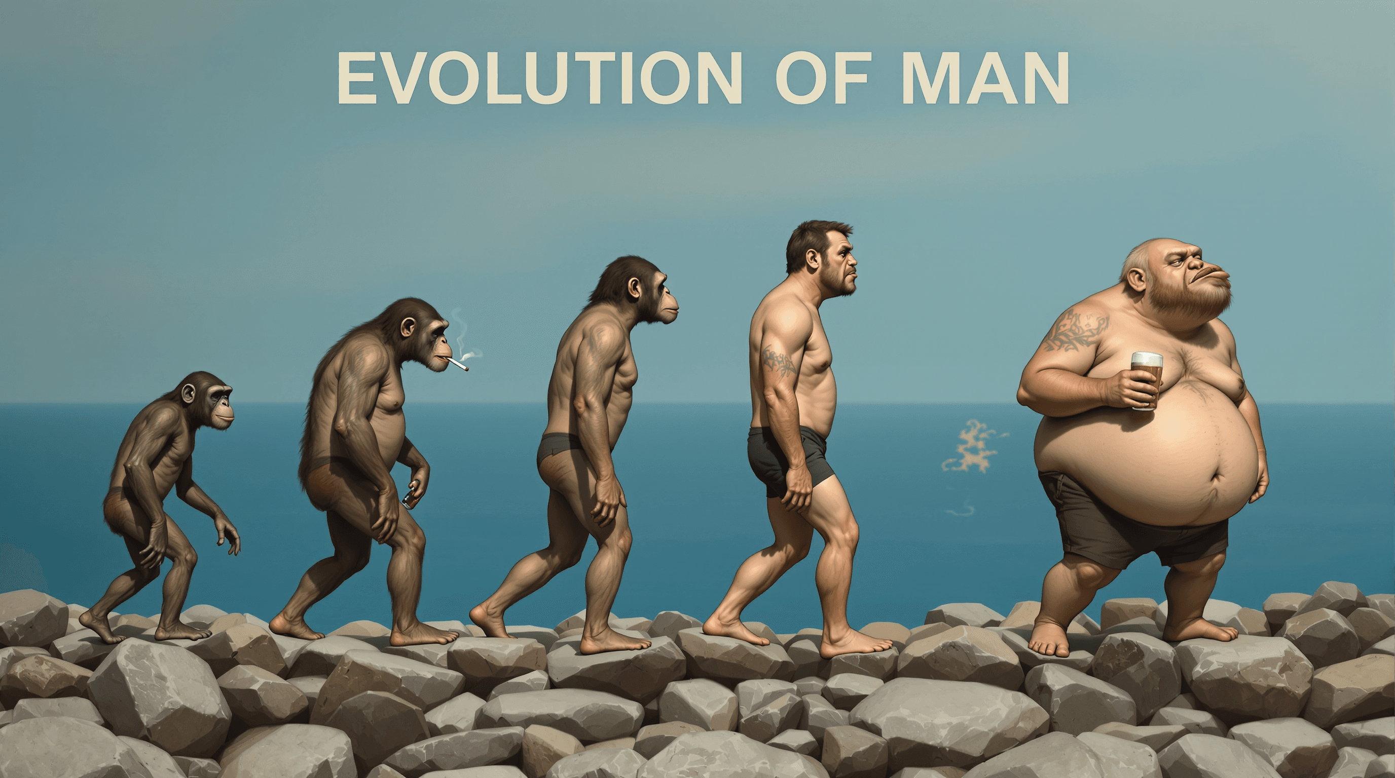  
The title words "EVOLUTION OF MAN" is prominently displayed at the top of the photo. This photo is a satirical take on the evolution of man, presented in a sequence from left to right. The progression begins with a chimpanzee, which is the common ancestor of humans and apes. The sequence then moves through various stages of human evolution, from a more apelike ancestor to a fully bipedal human. The art style is a blend of realism and caricature, with exaggerated features and proportions that add to the comedic effect. The medium appears to be digital painting, given the smooth gradients and blending of colors.The colors in the image are quite muted, with a focus on earthy tones and browns. The background is a gradient of blues, which gives a sense of depth and suggests the ocean, symbolizing the transition from a life aquatic to a life on land. The foreground rocks are a mix of grays and browns, which contrast with the lighter tones of the human figures.The objects in the photo are quite sparse, with just the rocks in the foreground and the ocean in the background. The human figures are the main focus, with each one holding a different object that represents a modern-day indulgence or vice. The first figure is holding a bottle, the second figure has a cigarette, the third figure is bare-chested, the fourth figure is a modern man is holding a beer, the fifth figure is also bare-chested, and the final figure a modern man is holding a beer and cheese burger and is extremely fat. Overall, the image is a commentary on the perceived decline of human evolution, suggesting that instead of progressing towards a more enlightened or physically fit state, humans have instead become more sedentary and indulgent.hd, hyper-realism, photography