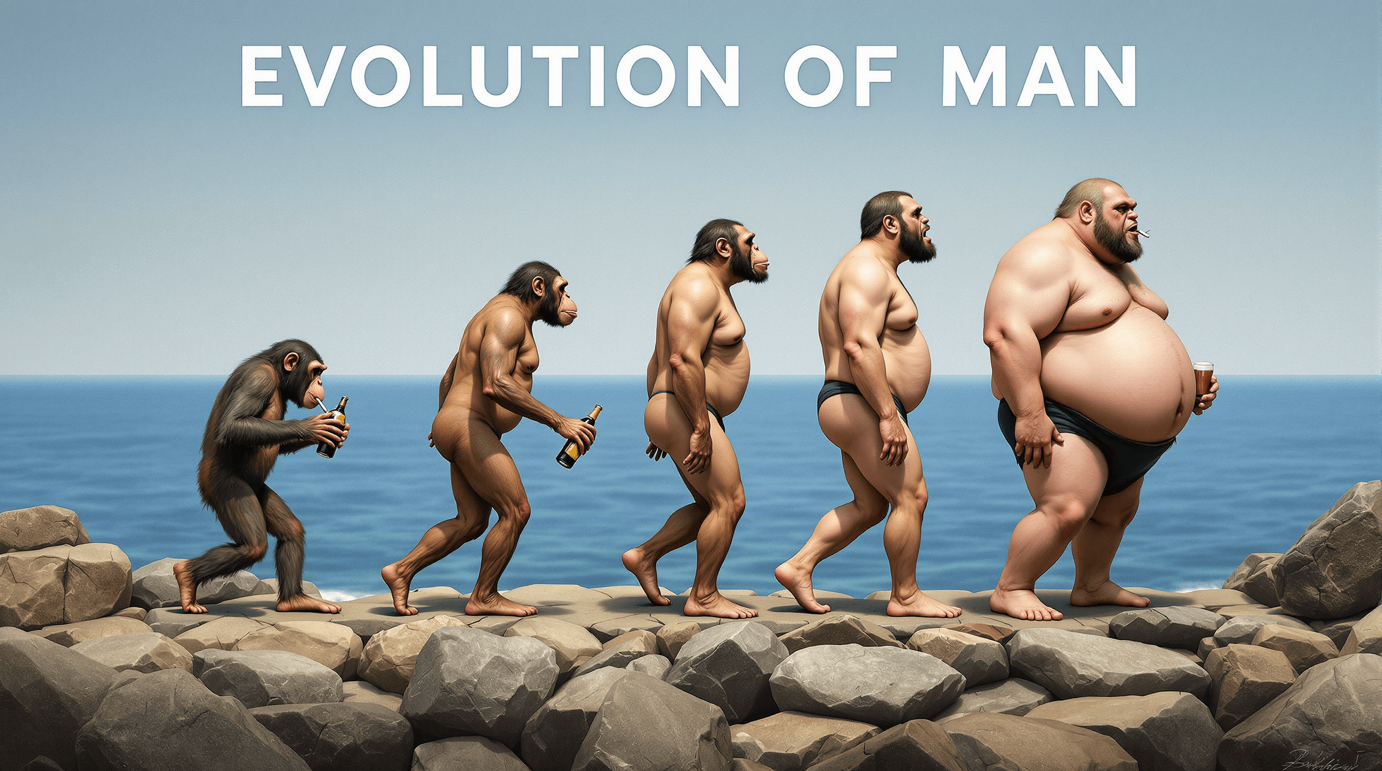  
The title words "EVOLUTION OF MAN" is prominently displayed at the top of the photo. This photo is a satirical take on the evolution of man, presented in a sequence from left to right. The progression begins with a chimpanzee, which is the common ancestor of humans and apes. The sequence then moves through various stages of human evolution, from a more apelike ancestor to a fully bipedal human. The art style is a blend of realism and caricature, with exaggerated features and proportions that add to the comedic effect. The medium appears to be digital painting, given the smooth gradients and blending of colors.The colors in the image are quite muted, with a focus on earthy tones and browns. The background is a gradient of blues, which gives a sense of depth and suggests the ocean, symbolizing the transition from a life aquatic to a life on land. The foreground rocks are a mix of grays and browns, which contrast with the lighter tones of the human figures.The objects in the photo are quite sparse, with just the rocks in the foreground and the ocean in the background. The human figures are the main focus, with each one holding a different object that represents a modern-day indulgence or vice. The first figure is holding a bottle, the second figure has a cigarette, the third figure is bare-chested, the fourth figure is a modern man is holding a beer, the fifth figure is also bare-chested, and the final figure a modern man is holding a beer and cheese burger and is extremely fat. Overall, the image is a commentary on the perceived decline of human evolution, suggesting that instead of progressing towards a more enlightened or physically fit state, humans have instead become more sedentary and indulgent.hd, hyper-realism, photography