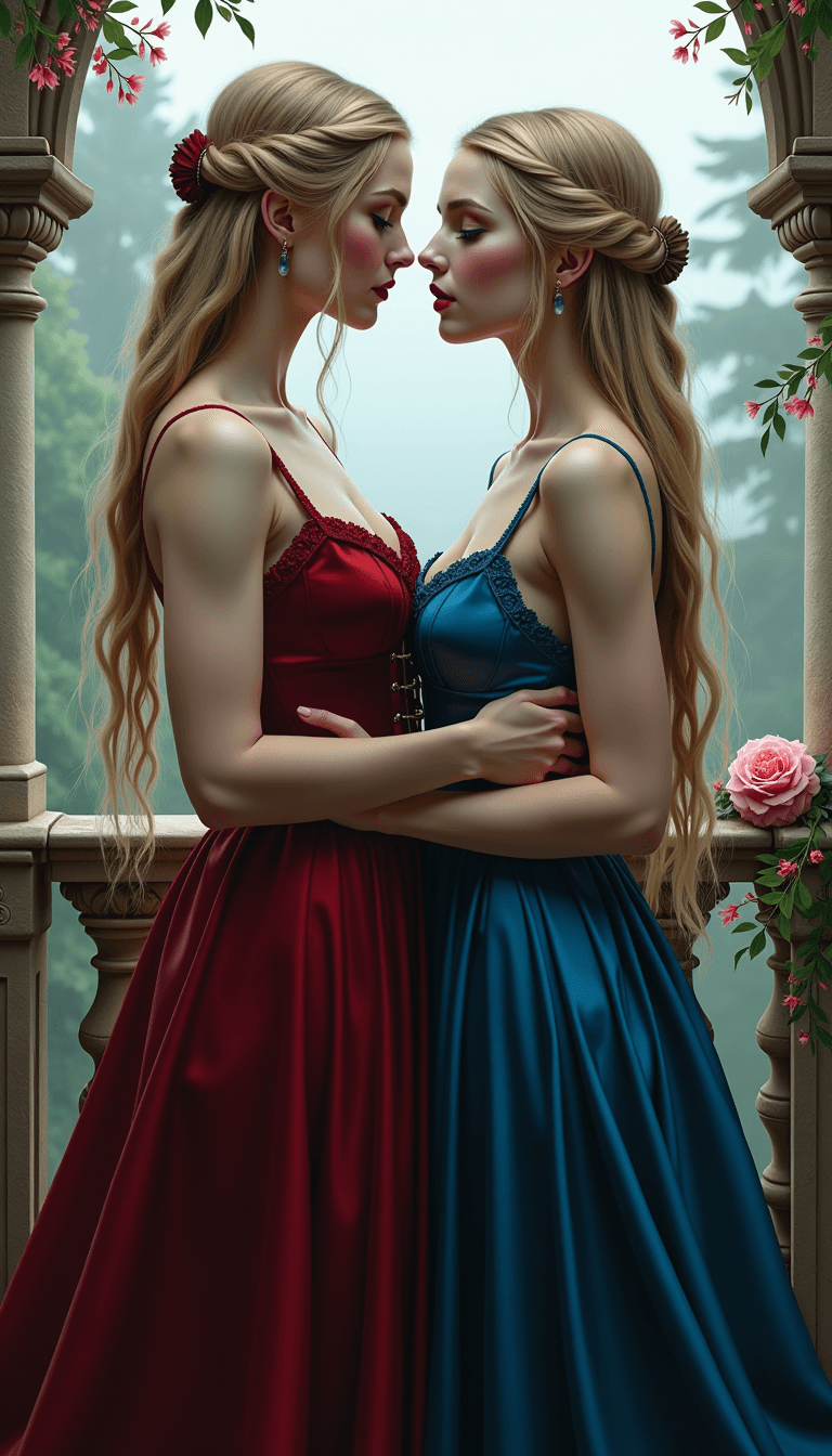 Fantasy illustration featuring two identically beautiful sisters in their 30s. Both have exceptionally long, blonde hair styled in intricate braids. They gaze lovingly at each other, poised on the brink of a tender kiss. One sister is adorned in a low-cut scarlet velvet gypsy dress, accentuated with a waist corset, while her twin wears a strikingly similar dress in deep blue velvet, also cinched with a corset. The sister in blue has a comforting arm wrapped around her sibling's waist. Their faces are decorated with gothic makeup, giving them an ethereal, otherworldly allure. They stand on an ornate balcony of a grand Victorian mansion, enveloped by a misty, dreamlike atmosphere. The scene is softened by abundant flowers cascading around them, enhancing the romantic and mysterious ambiance. The composition captures the sisters in a medium-close shot, framed by the intricate wrought-iron of the balcony railing, with diffused, moody lighting creating a soft glow around them.