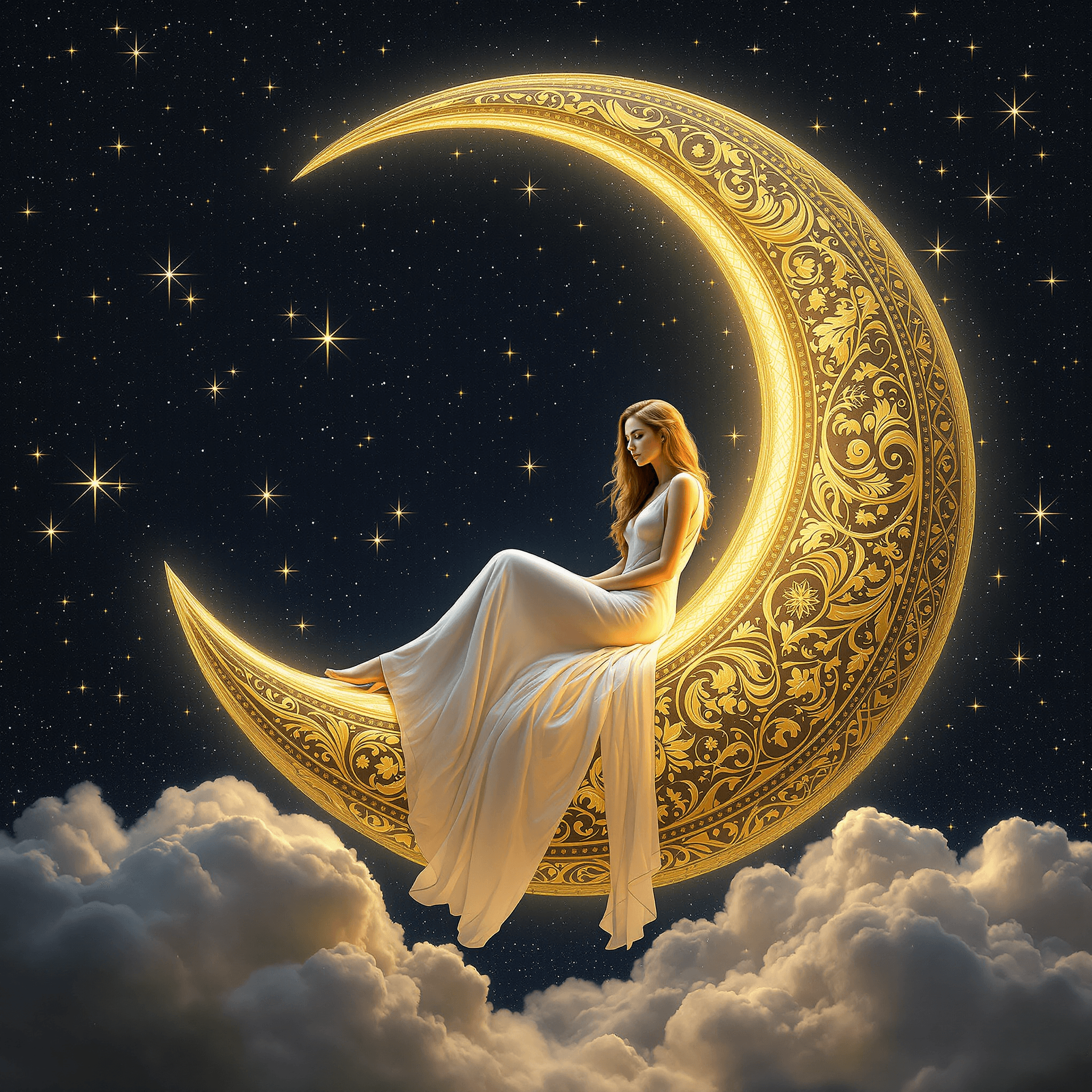 Certainly! Lets explore the visual elements present in this image1. Crescent Moon The central figure is a woman sitting on a crescent moon. The moon is ornately decorated with intricate patterns and golden embellishments, giving it a luxurious and ethereal appearance.2. Woman The woman is seated on the moon, dressed in a flowing white gown that drapes elegantly around her. Her hair cascades down her back, and she appears to be in a state of peaceful contemplation.3. Stars The night sky is filled with twinkling stars, adding to the magical and dreamlike quality of the scene.4. Clouds Below the moon, there are soft, fluffy clouds that float against the dark blue backdrop of the night sky.5. Light The moon and the woman are bathed in a warm, golden light that contrasts with the cool blues and blacks of the surrounding space. This light seems to emanate from within the moon, highlighting its details and casting a serene glow on the woman.6. Color Palette The image uses a cool color palette dominated by blues and blacks, with warm golds and whites adding depth and contrast.7. Composition The composition is balanced with the woman and the moon taking up the central space, while the stars and clouds create a sense of depth and expanse.8. Texture The womans gown has a delicate, sheer texture that catches the light, while the moons surface is smooth and reflective.9. Perspective The perspective is slightly skewed, with the moon appearing larger than life, creating a sense of wonder and fantasy.10. Symbolism The image may symbolize the connection between humanity and the cosmos, or it could represent the idea of dreams and aspirations reaching for the stars.Overall, the image is rich in visual elements that come together to create a captivating and enchanting scene.