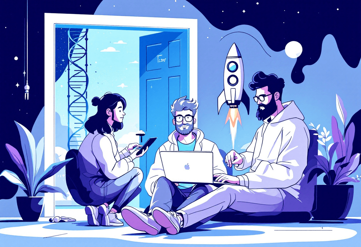 This image is a stylized illustration that looks like a digital sketch in 80's theme astetic that showcases a group of individuals in a casual, modern setting. The composition is dynamic and balanced, with a clear focal point on the seated individual in the foreground who is interacting with the laptop. 

Now one scientist building a rocket with DNA on the door.  make the colors purpleish blue hue
.

The style of the illustration is modern and graphic, with a limited color palette that consists mainly of shades of blue and white. The lines are clean and precise, with a clear distinction between the outlines and the fills of the shapes. The characters are stylized with exaggerated features such as large heads and small bodies, which is a common technique in illustration to convey personality and expressiveness.

 The overall style is reminiscent of contemporary digital art with a touch of whimsy and playfulness.

The combination of these elements creates a visually appealing and engaging image that conveys a sense of creativity, collaboration, and casual professionalism.