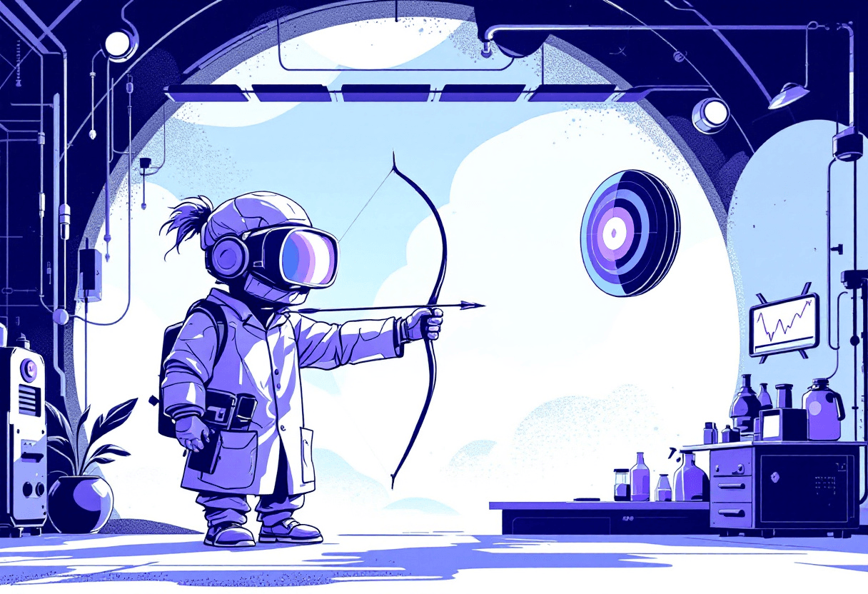 This image is a stylized illustration that looks like a digital sketch in 80's theme astetic that showcases a modern setting. 

 only one scientist holding a bow and arrow in a science lab focused on a bullseye  .  make the colors purpleish blue hue and the background totally white so just the characters are in focus. 
.

The style of the illustration is modern and graphic, with a limited color palette that consists mainly of shades of blue and white. The lines are clean and precise, with a clear distinction between the outlines and the fills of the shapes. The characters are stylized with exaggerated features such as large heads and small bodies, which is a common technique in illustration to convey personality and expressiveness.

 The overall style is reminiscent of contemporary digital art with a touch of whimsy and playfulness.

The combination of these elements creates a visually appealing and engaging image that conveys a sense of creativity, collaboration, and casual professionalism.