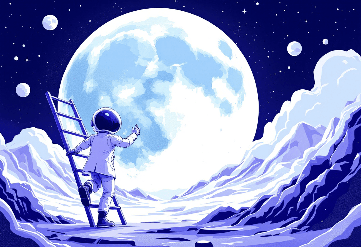 This image is a stylized illustration that looks like a digital sketch in 80's theme astetic that showcases a modern setting. 

 only one scientist climbing a ladder toward the moon

  make the colors purpleish blue hue and the background totally white so just the characters are in focus. 
.

The style of the illustration is modern and graphic, with a limited color palette that consists mainly of shades of blue and white. The lines are clean and precise, with a clear distinction between the outlines and the fills of the shapes. The characters are stylized with exaggerated features such as large heads and small bodies, which is a common technique in illustration to convey personality and expressiveness.

 The overall style is reminiscent of contemporary digital art with a touch of whimsy and playfulness.

The combination of these elements creates a visually appealing and engaging image that conveys a sense of creativity, collaboration, and casual professionalism.