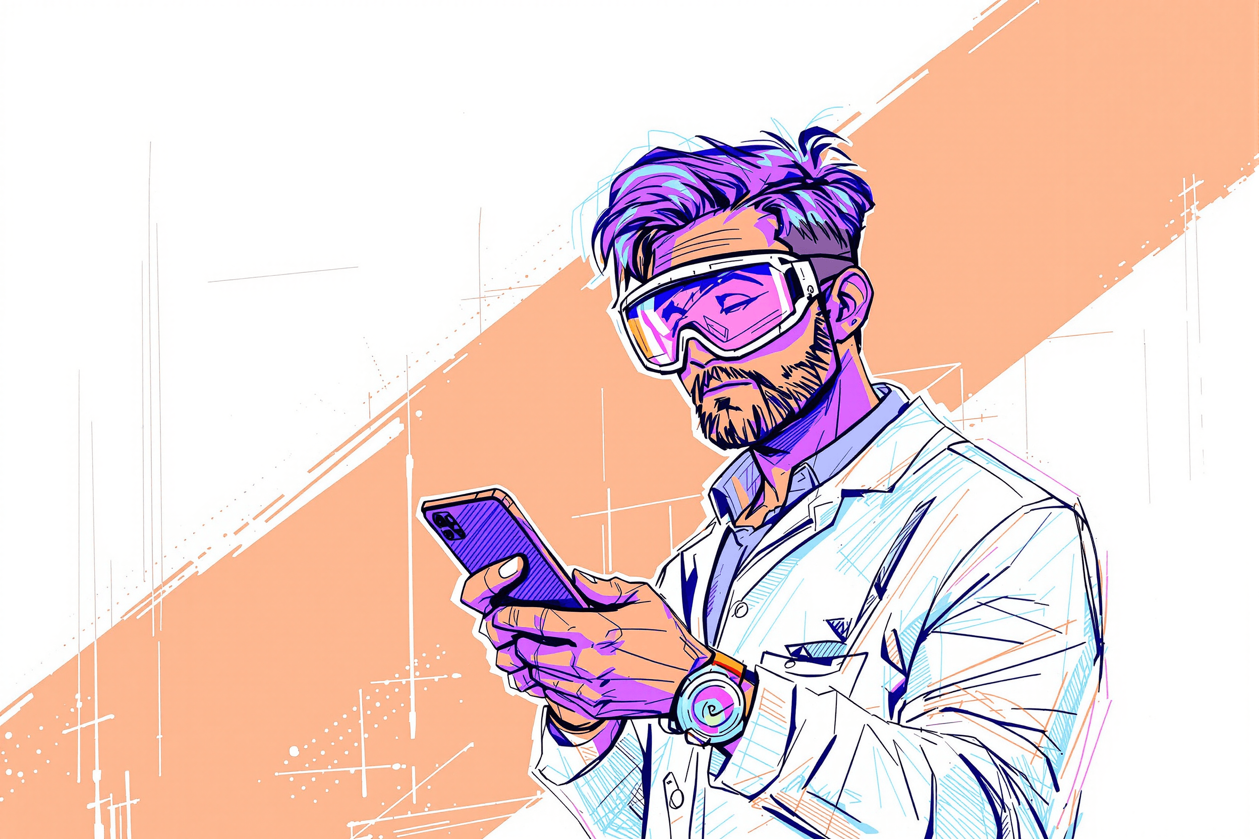 This image is a stylized sketch illustration that looks like a digital sketch in 80's theme astetic that showcases a modern setting. some of the extra lines form the sketch that have not yet been erased are still in the image. 

  make the sketch of only three colors purpleish blue and a pop of orange.  There is no detail or shading.  the background totally white so just the character in in focus  exists. 

in the image there is just one cartoon styled like johnny bravo, scientist wearing a lab coat holding their phone wearing goggles. 