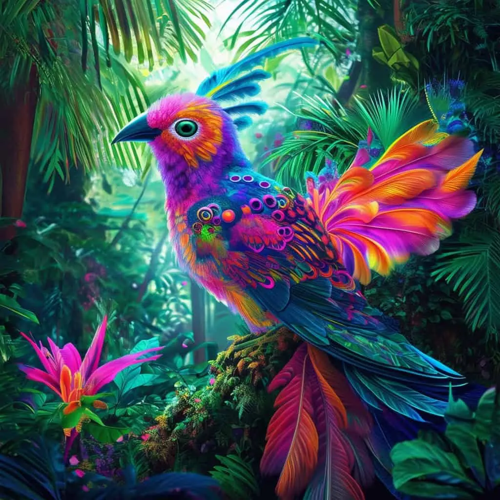 Example 5: this dreamlike digital art captures a vibrant, kaleidoscopic bird in a lush rainforest