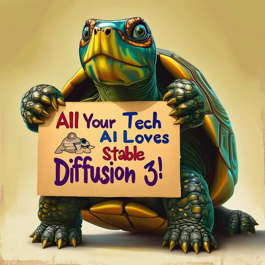 Example 9: a portrait photo of an anthropomorphic tortoise holding a sign reading "All Your Tech AI Loves Stable Diffusion 3!"
