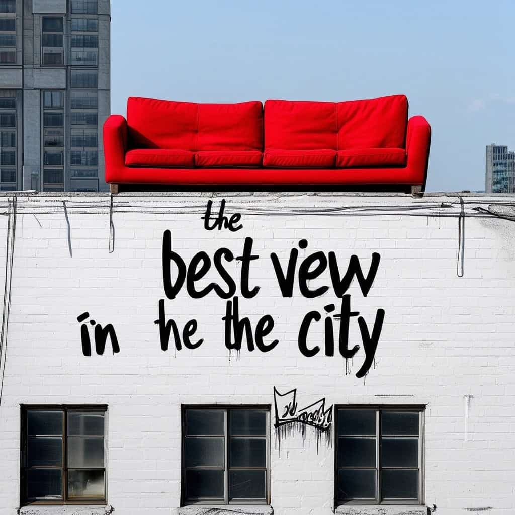 Example 10: a red sofa on top of a white building. Graffiti with the text "the best view in the city"