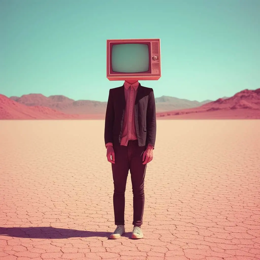 Example 11: aesthetic pastel magical realism, a man with a retro tv for a head, standing in the center of the desert, vintage photo.