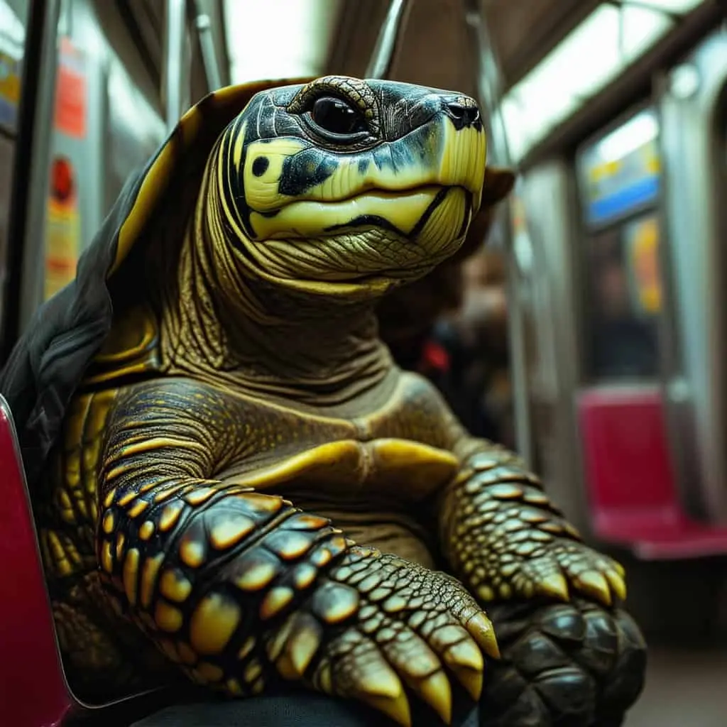 Example 12: portrait photograph of an anthropomorphic tortoise seated on a New York City subway train