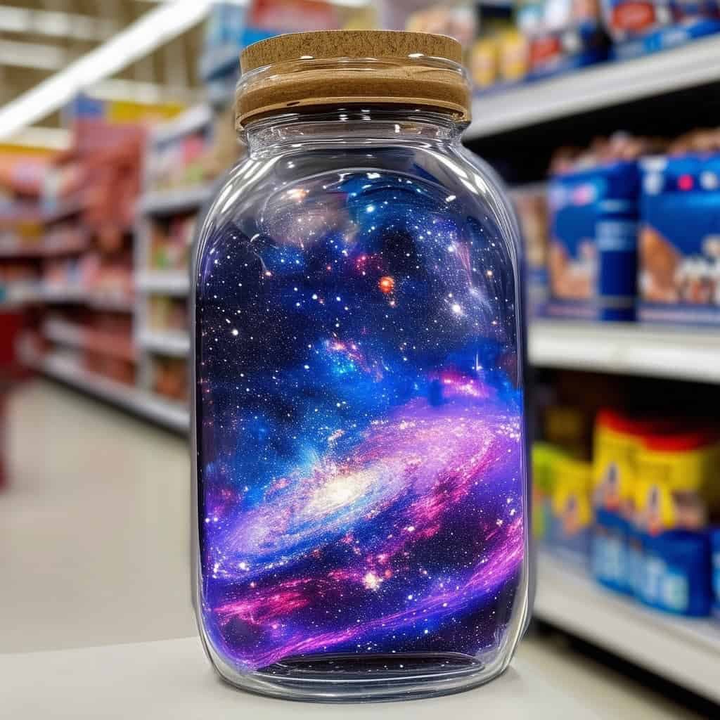 Example 3: an entire universe inside a bottle sitting on the shelf at walmart on sale