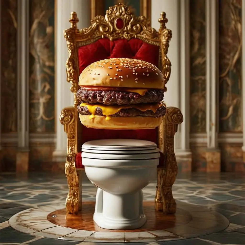 Example 4: a cheeseburger with juicy beef patties and melted cheese sits on top of a toilet that looks like a throne and stands in the middle of a royal chamber