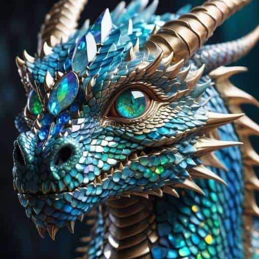 Example 1: A beautiful portrait photograph of a dragon with diamond and gemstone scales, opal eyes, cinematic, gem, diamond, crystal, fantasy art, hyperdetailed photograph, shiny scales, 8k resolution