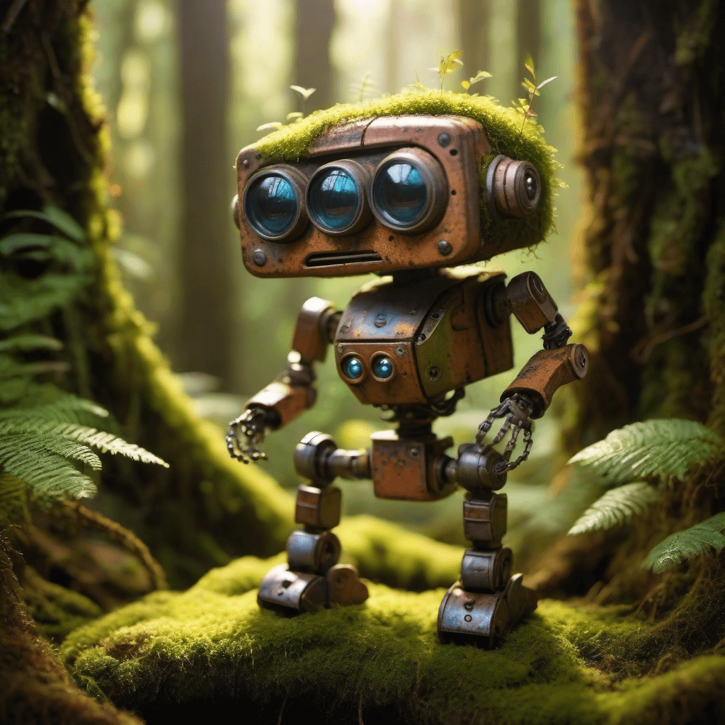 Example 8: Sunlight filters through a dense rainforest canopy, illuminating a tiny robot. Rusty and weathered, its eyes still glow with a soft light. Its little form sits nestled amidst vibrant moss and overgrown roots