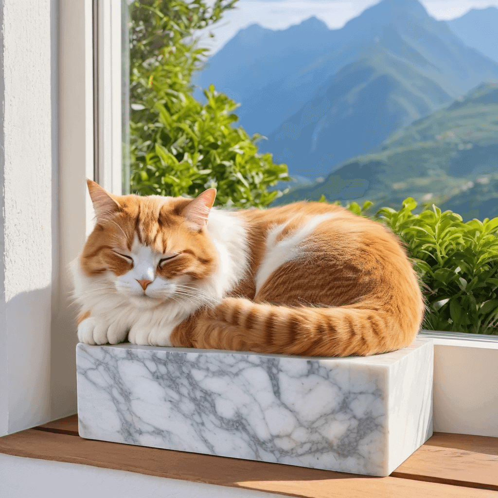 Example 9: wide view, mad-hecke cat, sleeping on marble planter wooden pot, 8k, colorful scenic mountains clear sky through window panes background