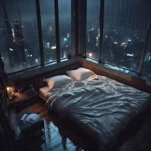 Example 3: moody aesthetic, beautiful cozy, cramped bedroom with floor to ceiling glass windows overlooking a cyberpunk city at night, view from top of skyscraper, white bedsheets, bookshelves, thunderstorm outside with torrential rain, detailed, high resolution, photorrealistic, dark, gloomy