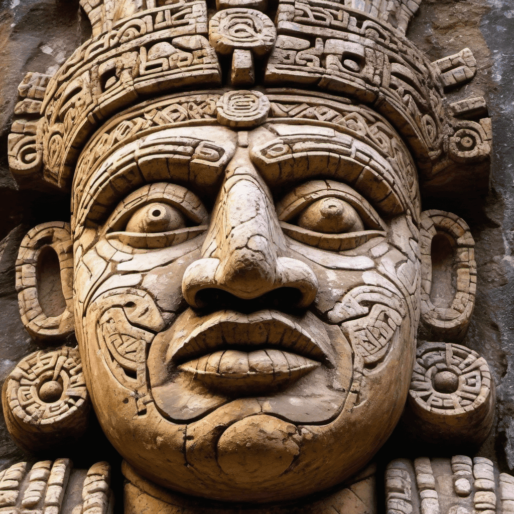 Example 10: detailed close-up, weathered Mayan statue, close-up on intricate facial features, glowing crystal veins, neon streaks against aged stone, cracked texture, mystical energy