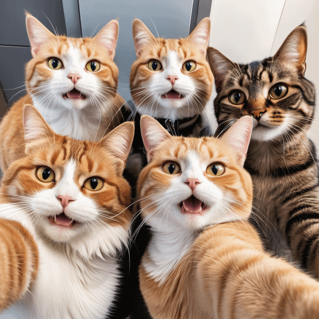 Example 11: a group of cats taking a selfie, very realistic